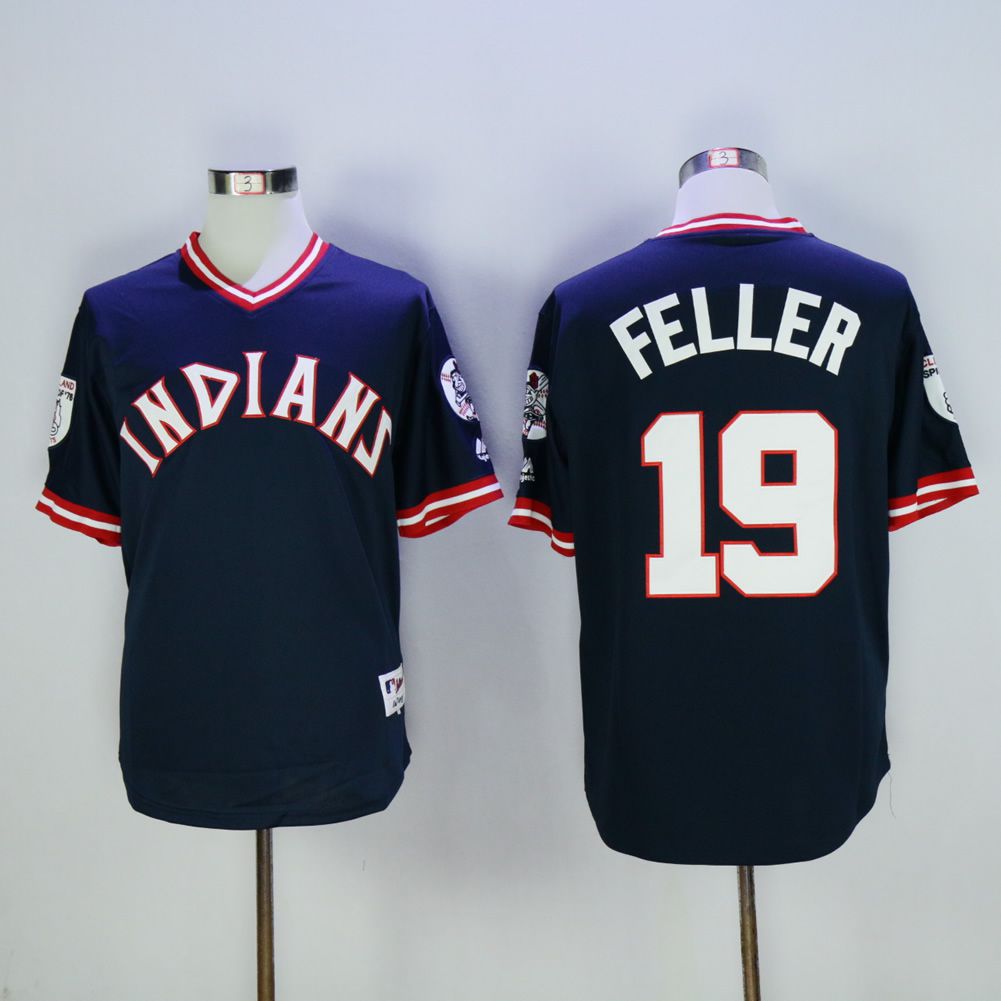 Men Cleveland Indians #19 Feller Blue Throwback MLB Jerseys->cleveland indians->MLB Jersey